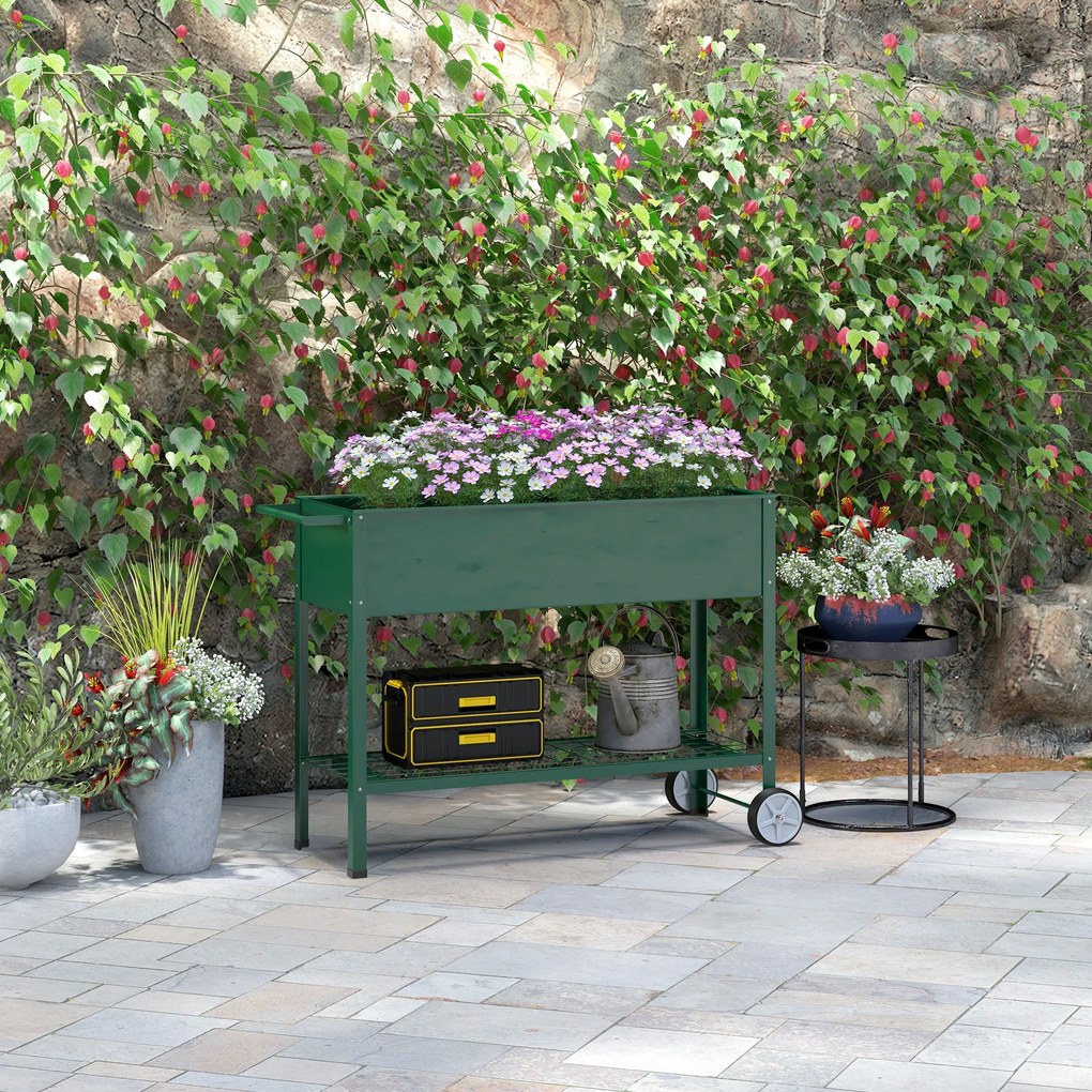 Outsunny Wysokie łóżko ogrodowe na kółkach, regał na zioła, metalowy skrzyniowy ogródek roślinny do ogrodu, balkonu, szary, 109 x 44 x 80 cm