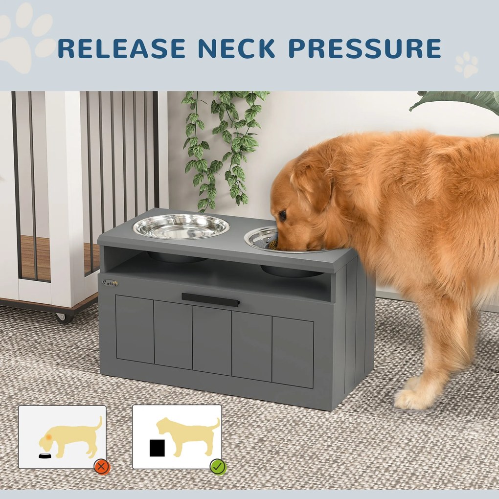 PawHut Stacja żywieniowa dla dużych psów, z 2 miskami ze stali nierdzewnej, szuflada, dozownik karmy dla zwierząt, MDF, stal, Szara