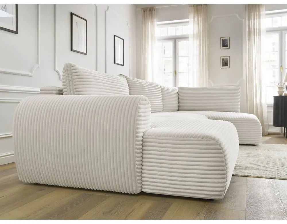 Kremowy sztruksowy rozkładany/ze schowkiem narożnik (prawostronny/w kształcie litery U) Lucien – Bobochic Paris