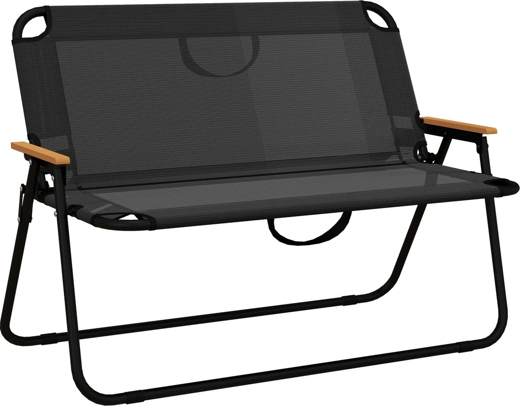 Outsunny Ławka Ogrodowa, Składane Krzesło Kempingowe na 2 Osoby Do 220 kg Czarny, Siatka, 108 x 65 x 73 cm