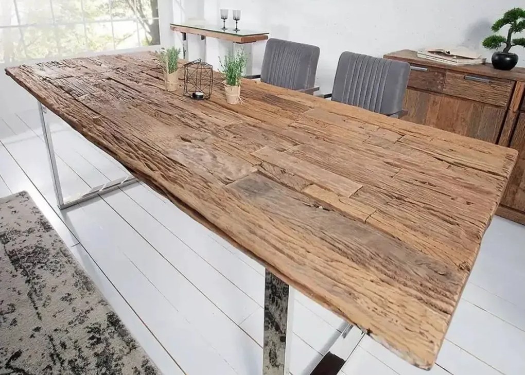 Stół 180 cm do jadalni z litego drewna z recyklingu pokryty szklanym blatem