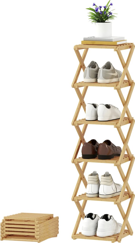 HOMCOM Regał na buty, składany stojak z 6 poziomami z bambusa, dla maks. 9 par butów, 30 x 29 x 108 cm, naturalny | Aosom PL