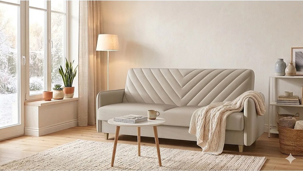 Wersalka MODENA 210 cm – elegancka sofa rozkładana z pojemnikiem i dekoracyjnymi przeszyciami V, beżowa