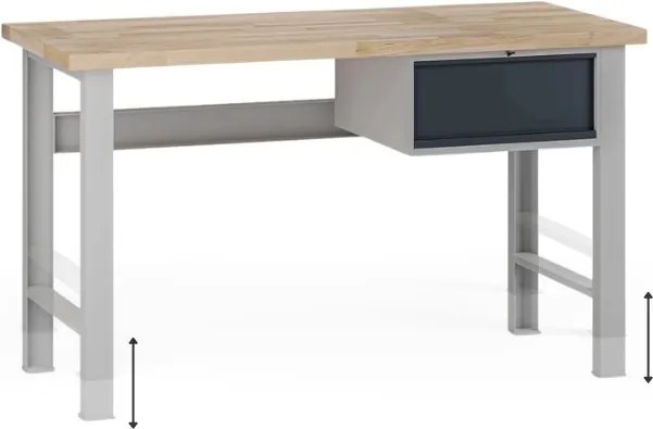 Stół warsztatowy z regulacją wysokości G7, blat bukowy, 1500 x 800 x 840-1040 mm, 1x kontener, 1x szuflada, grafitowy