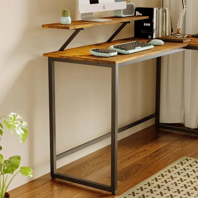 Biurko Narożne Komputerowe 130 cm z Półką – Rustykalny Brąz, Industrial Loft