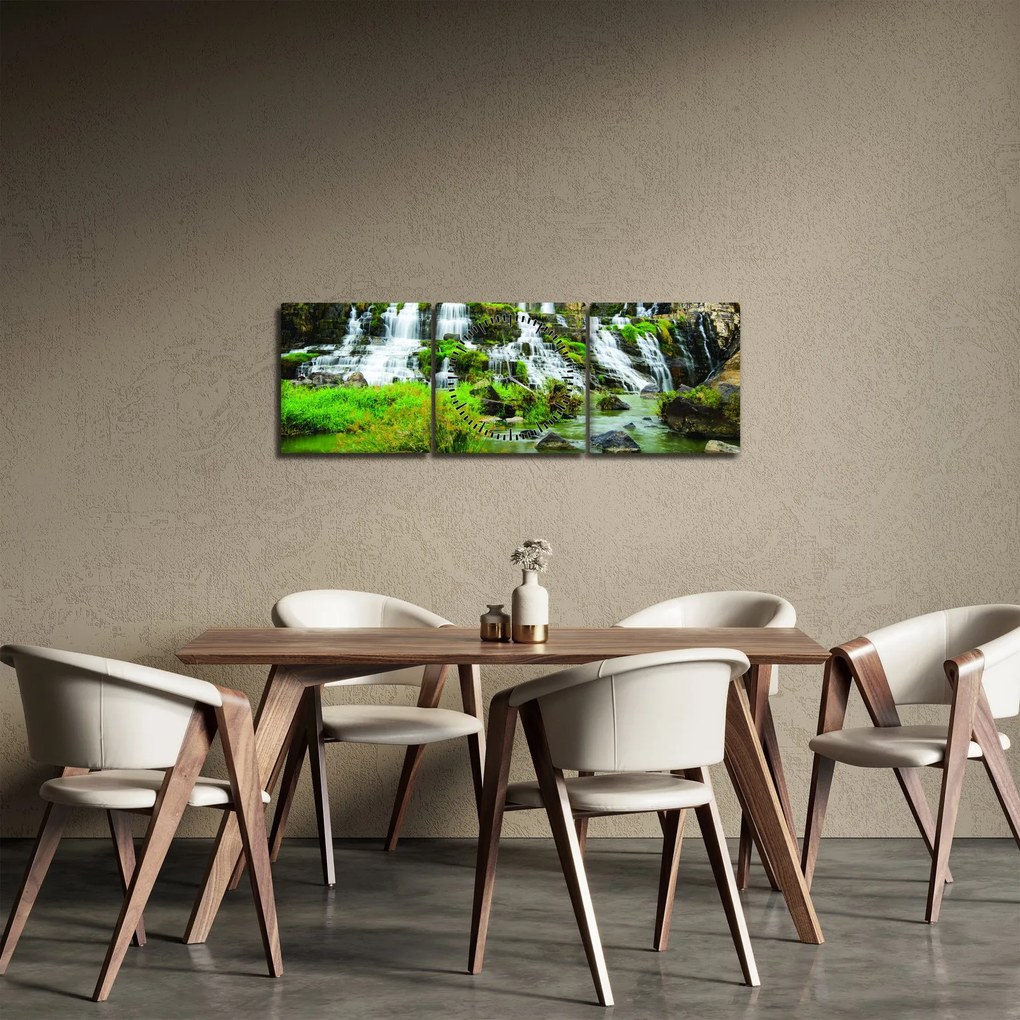 Obraz - wodospady z zielenią (z zegarem) (90x30 cm)