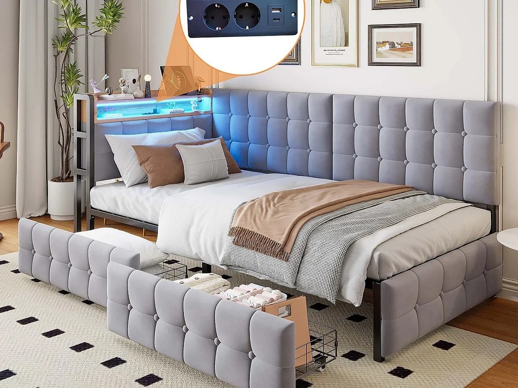 Kanapa rozkładana z tapicerką 90 x 200 cm - z 2 szufladami - z oświetleniem LED - z portami USB i Type-C - Jasnoszary (bez materaca)