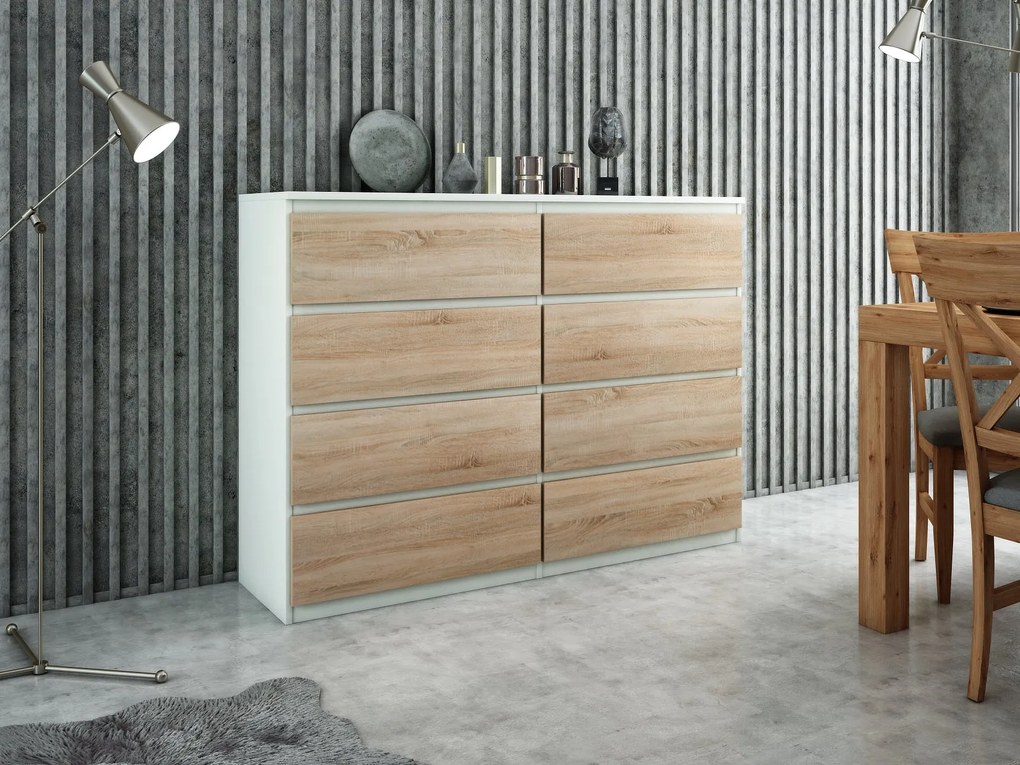 Komoda NUDO - Biały / Front Dąb sonoma / Mat / 120 cm / 8 szuflad
