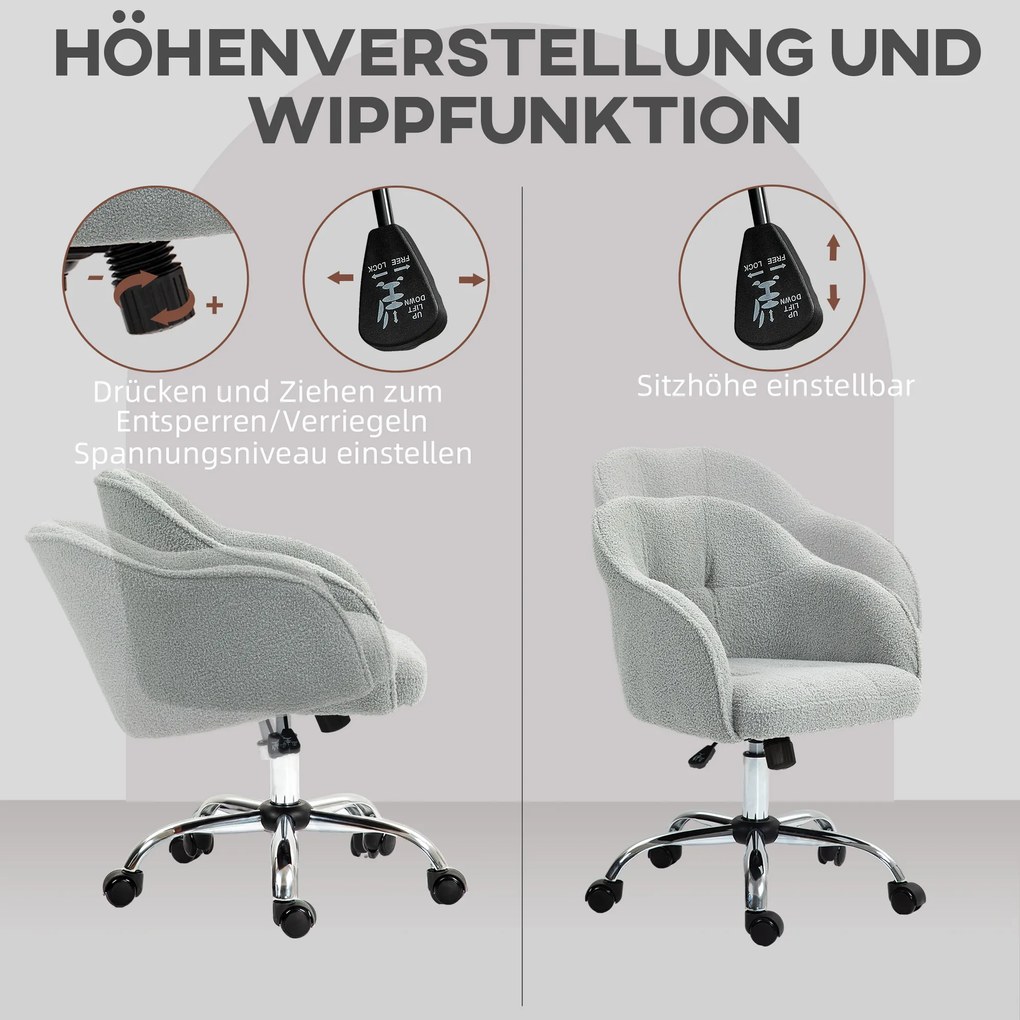 HOMCOM Fotel biurowy, ergonomiczny fotel obrotowy z funkcją bujania, tekstura misiej tkaniny 56 x 61 x 86 cm Szary