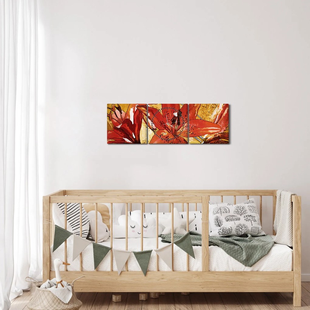Obraz kwiatów lilii (z zegarem) (90x30 cm)