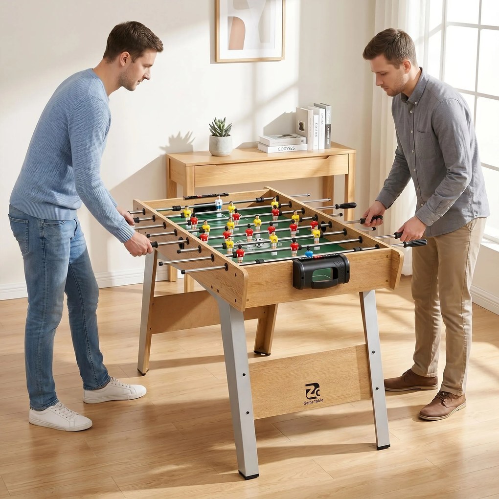 SPORTNOW Stół do piłkarzyków Kickertisch inkl 22 figurki 2 piłki Antypoślizgowe uchwyty Liczniki punktów Skośne nogi 121x87x77cm Drewno naturalne | Aosom PL