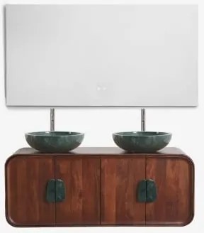 Zestaw Podwójnej Wiszącej Szafki Łazienkowej 130x45 Cm Z Drewna Mango I Naturalnego Kamienia Kivalina Zielony Marmur Udaipur - Sklum