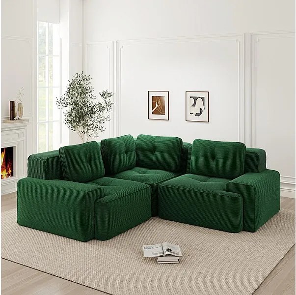 Canapé d'angle gauche modulable en velours côtelé, avec 4 coussins, 177x177x69cm, Vert