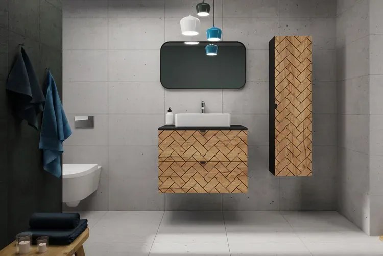 Komplet szafka pod umywalkę 80 cm ze słupkiem czarny + dąb craft złoty L3-T99