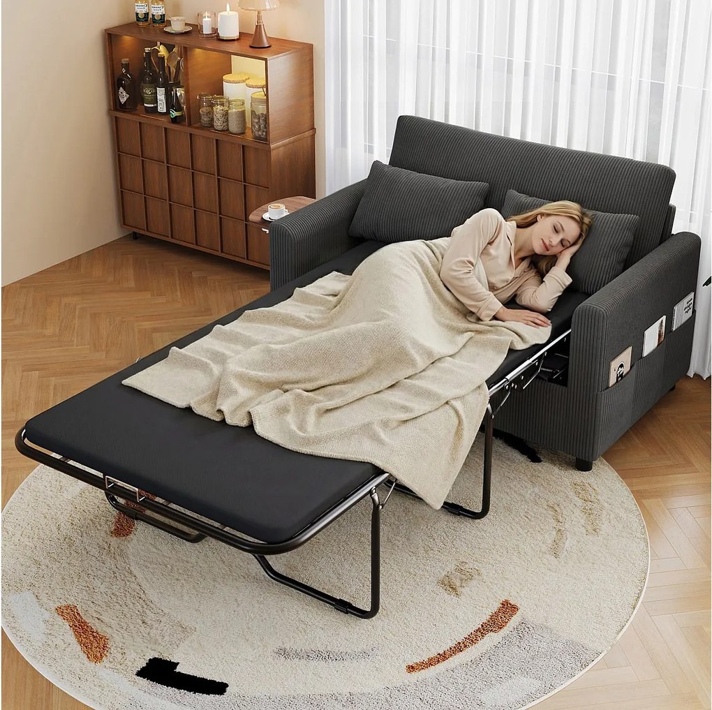 Rozkładana sofa rozkładana - 134 x 82 x 84 cm - z portem USB + składany stolik + materac + 2 prześcieradła i 2 poduszki - aksamit - szary