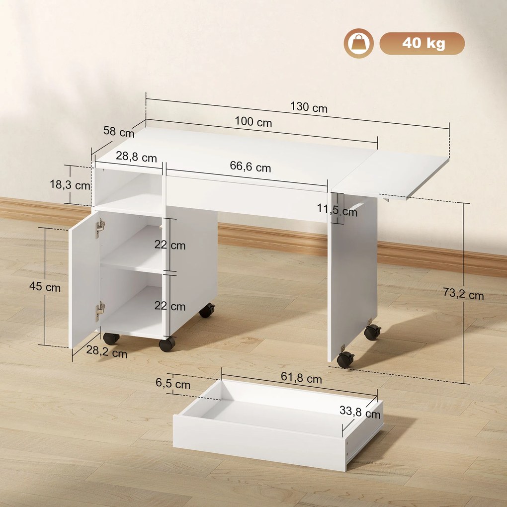 HOMCOM Mobilne biurko komputerowe na kółkach, składane biurko z szafką i szufladą, płyta wiórowa, biały
