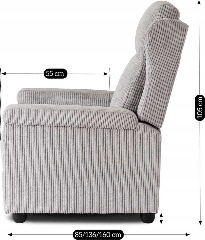 Fotel Rozkładany z Podnóżkiem SPENCER Szary Sztruksowy Nowoczesny