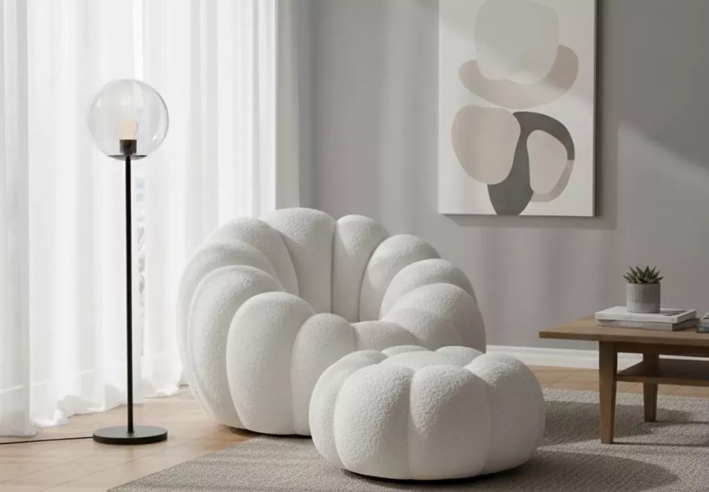 Bloom – nowoczesny fotel obrotowy z pufą łączący luksusowy komfort z artystycznym designem