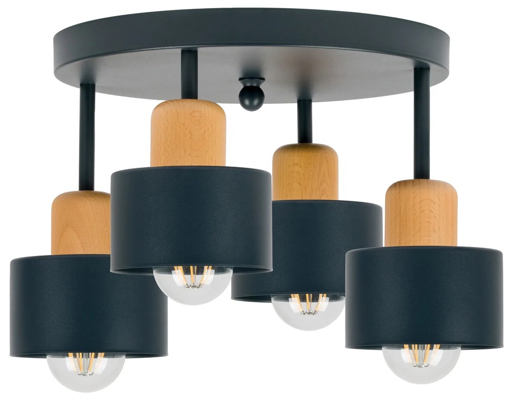 Antracytowa lampa sufitowa, czteropunktowy spot D4BU3030AN z drewna i