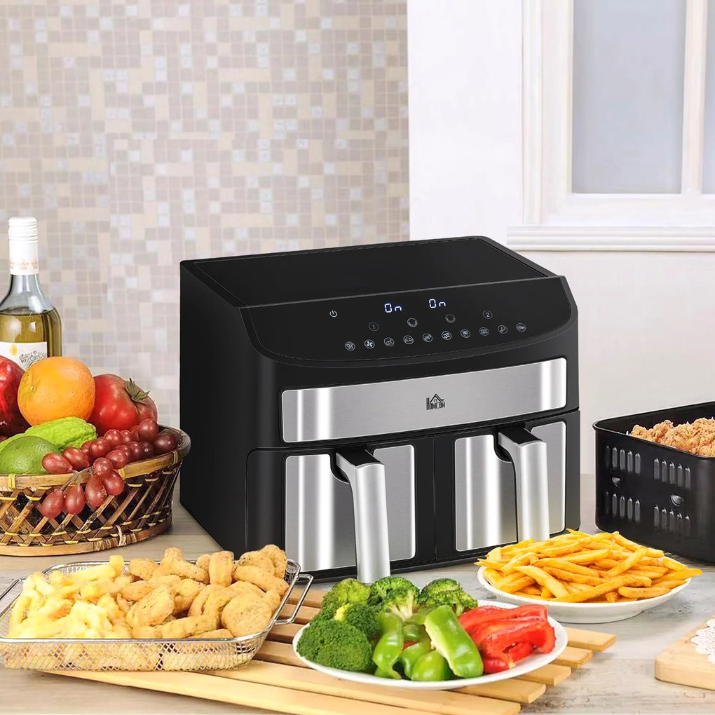 HOMCOM Frytkownica na gorące powietrze 8L z podwójną komorą, Airfryer z 10 programami, 2400 W frytkownica na gorące powietrze z ekranem dotykowym, przepisami, bez oleju, czarna