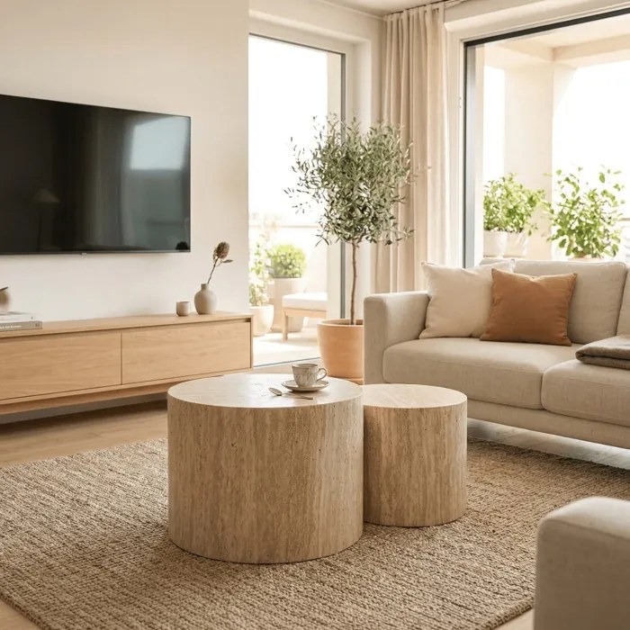 Zestaw Stolików Kawowych LEILA 38 cm/48 cm Trawertyn Nowoczesny