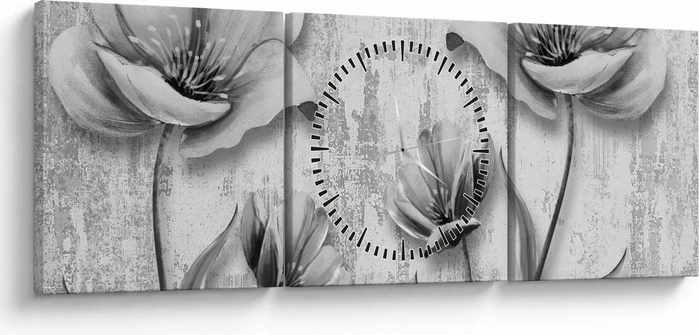 Obraz - Czarno-białe kwiaty na tle (z zegarem) (90x30 cm)