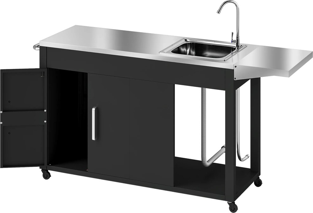 Outsunny Wózek Grillowy z Blatem Roboczym, Składaną Półką, Szafką, Zlewem i Kołami, Stal 162,5x47x87cm Czarny