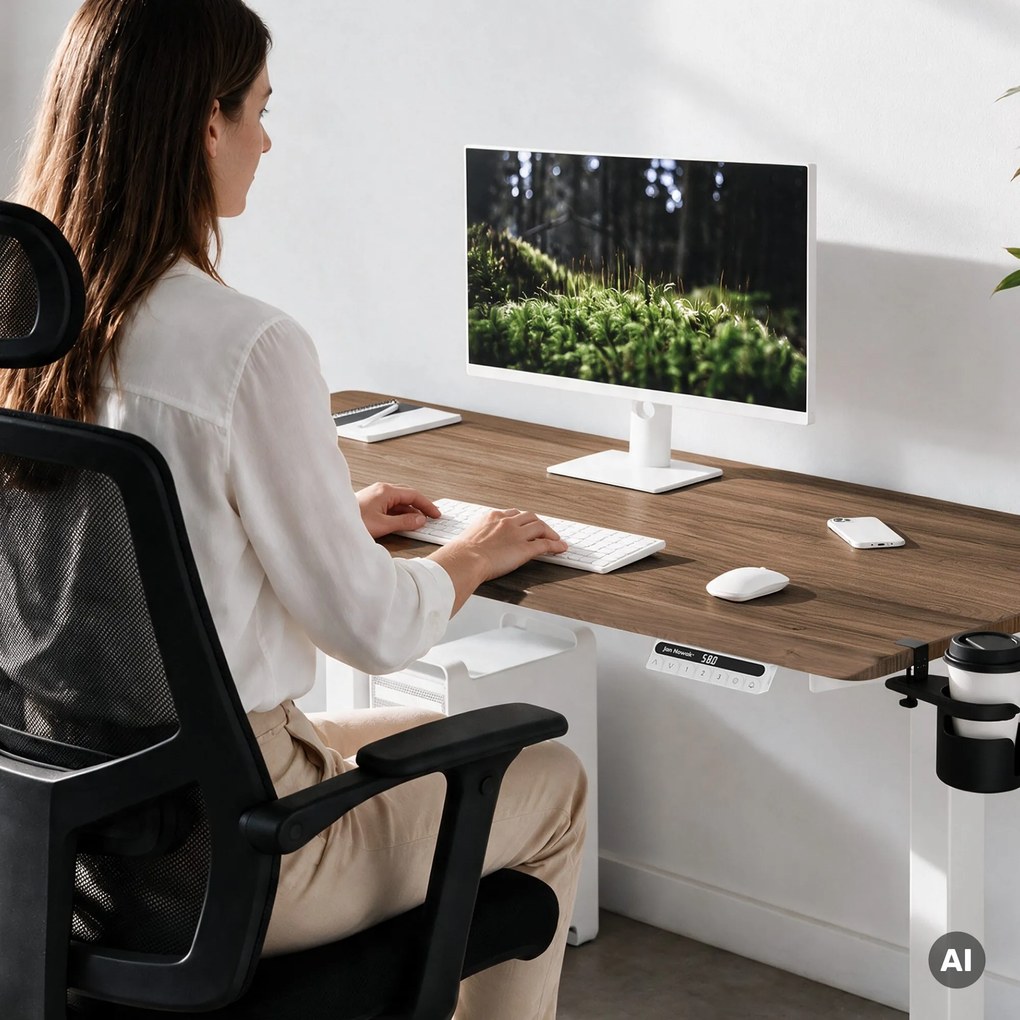 Biurko elektryczne z regulacją wysokości ergonomiczne białe/orzech,1600x800 mm: ARIA