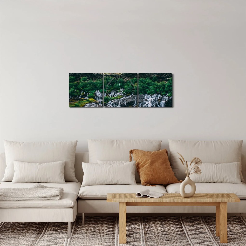 Obraz wodospadów w przyrodzie (z zegarem) (90x30 cm)