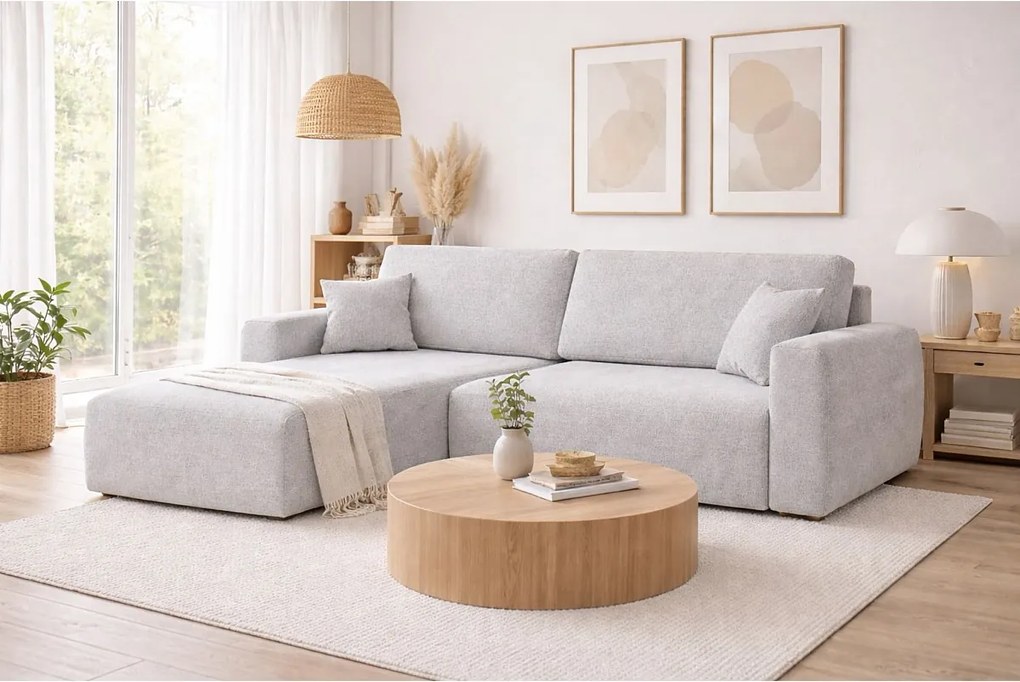 Narożnik z funkcją spania i pojemnikiem Ariel L, tkanina szenilowa Artico, Cement, Lewy