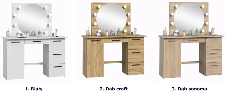 Toaletka z okrągłym lustrem i oświetleniem LED dąb craft - Katia 3X