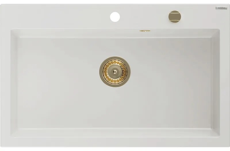 Mexen Elix zlewozmywak granitowy 1-komorowy 800 x 500 mm, biały, syfon złoty - 6527801005-20-G