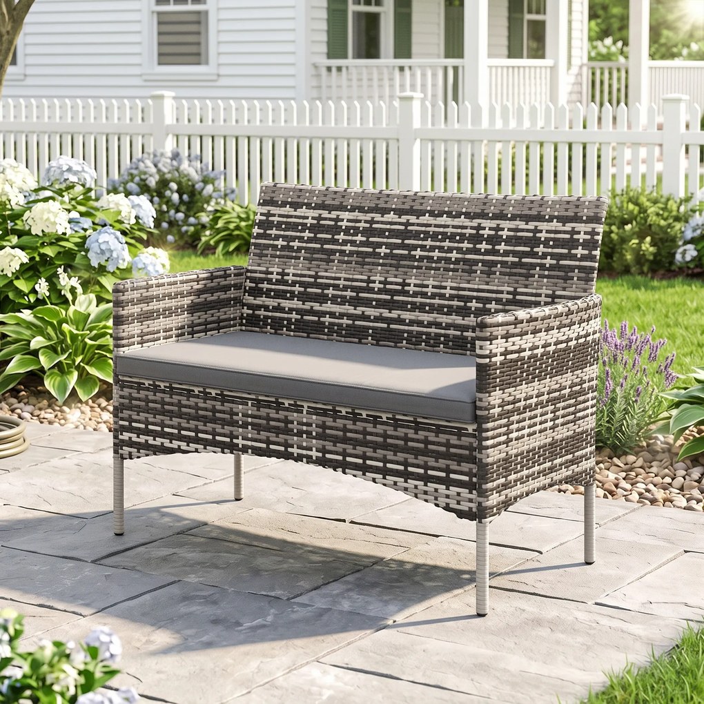 Outsunny 2-osobowa sofa rattanowa na taras z poduszką, antypoślizgowe maty, stalowa rama, jasnoszara | Aosom PL
