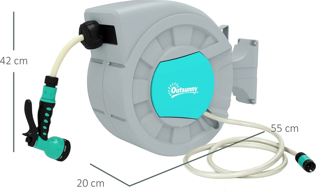 Outsunny Uchwyt na wąż ogrodowy, 25+2 metry wąż ogrodowy w solidnej obudowie, montaż ścienny, 7 wzorów natrysku, obrót o 180°, Szary