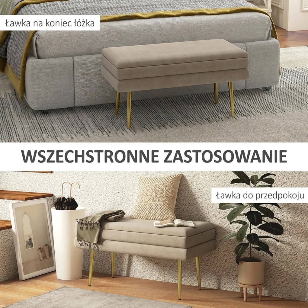 HOMCOM Ławka tapicerowana z pojemnikiem skrzynia do przedpokoju puf beżowa 79,5x37,5x43 cm stalowe nogi siedzisko ze schowkiem | Aosom PL