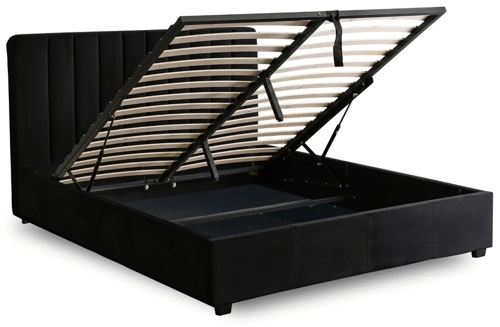 Łóżko Tapicerowane 160x200 cm ze Stelażem i Pojemnikiem Dwuosobowe MARI Welurowe Czarne