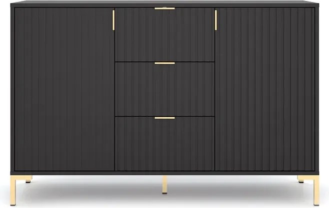 Komoda TORELLO 130 cm Czarna Ryflowana Dwudrzwiowa z Szufladami Skandynawska