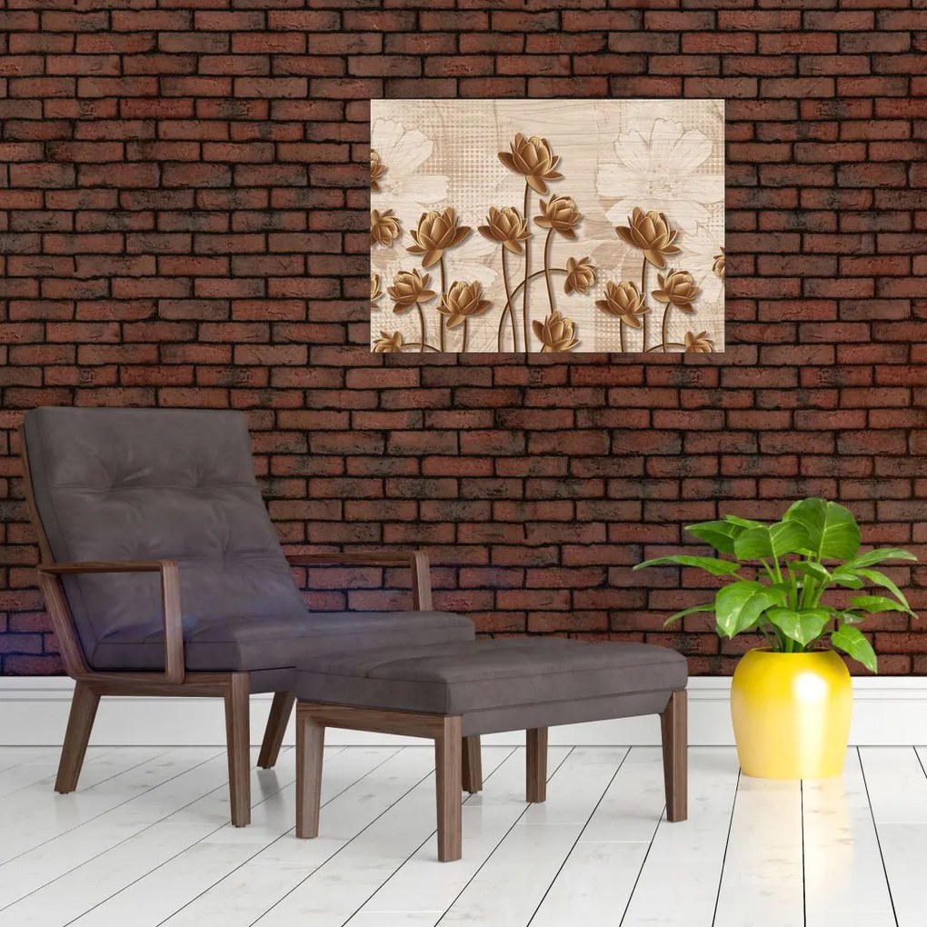 Obraz na szkle abstrakcji kwiatowej - brązowy (70x50 cm)