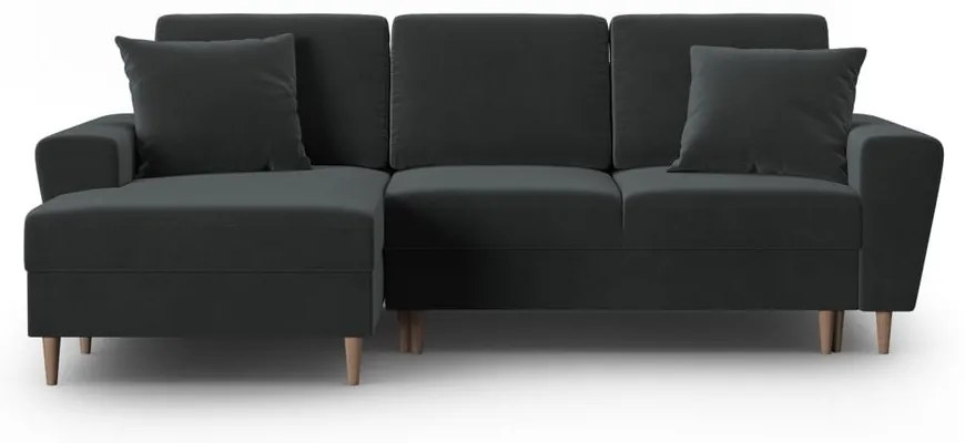 Ciemnoszary aksamitny rozkładany narożnik ze schowkiem (lewostronny/z szezlongiem) Kyoto – Cosmopolitan Design
