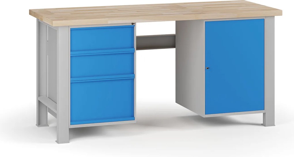 Stół warsztatowy G7, blat bukowy, 1700 x 685 x 840 mm, 1x szafka, 3x szuflada, niebieski