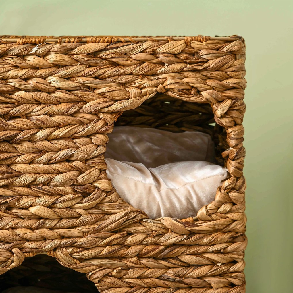 PawHut Drapak dla Kota z Wieżą, 3 Poziomy, Zdejmowane Poduszki, Otwory Drzwiowe, Hiacynt Wodny, Jasnobrązowy