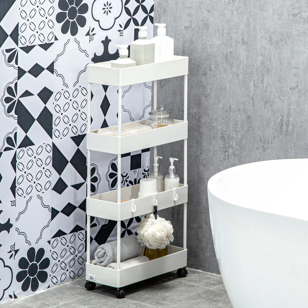 HOMCOM Wózek Kuchenny Niszowy z 4 Półkami 4 Hakami 4 Kółkami Biały 40x19x90cm | Aosom PL