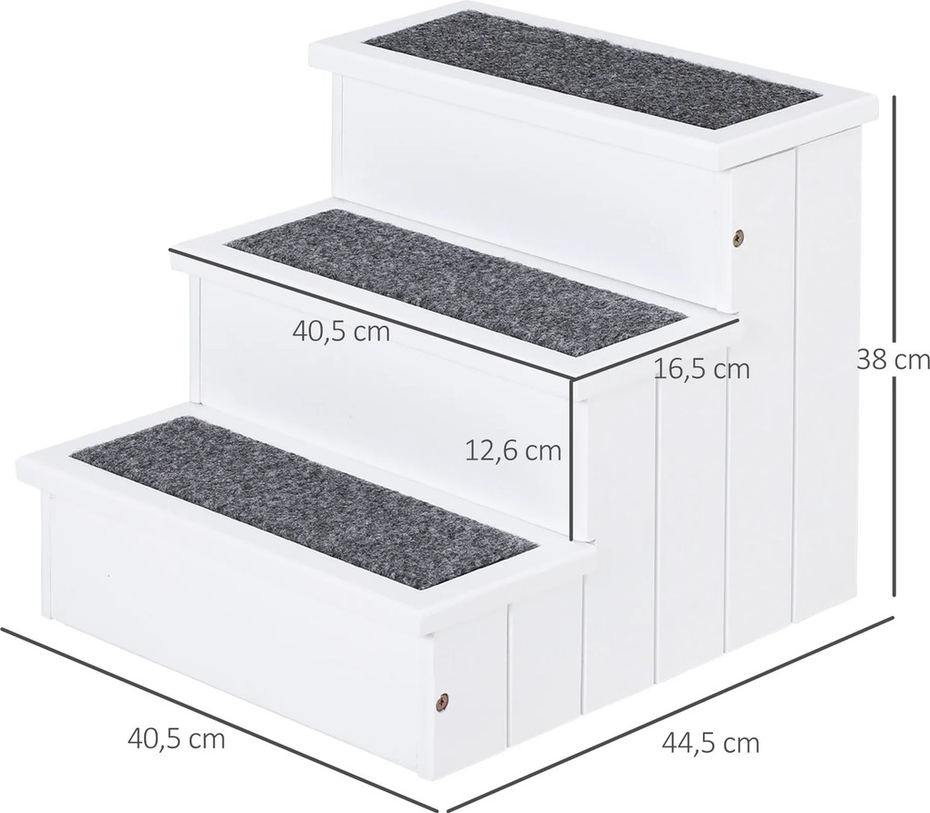 PawHut Schody dla psa i kota drewniane sosnowe z wykładziną rampy schowek stopnie 40,5 x 44,5 x 38 cm dla małych zwierząt białe | Aosom PL