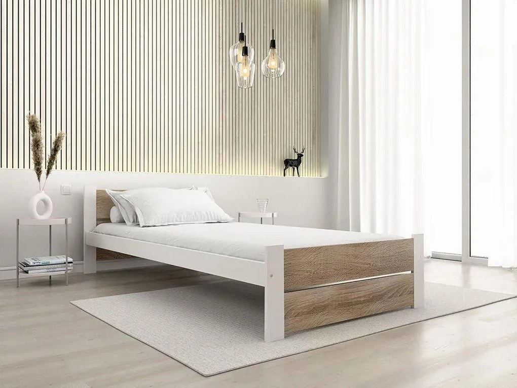 Łóżko IKAROS DOUBLE 80 x 200 cm, białe/dąb sonoma Stelaż: Ze stelażem listwowym rolowanym elastycznym, Materac: Materac Coco Maxi 20 cm