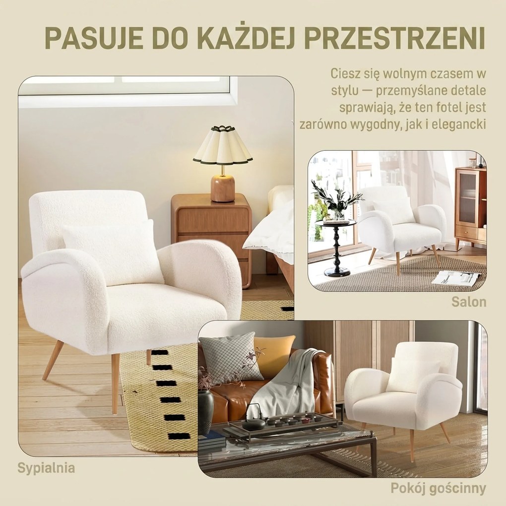 HOMCOM Fotel tapicerowany, z pokrowcem z fleece, z podłokietnikami i poduszką lędźwiową, z metalowymi nogami, fotel do czytania, kremowy