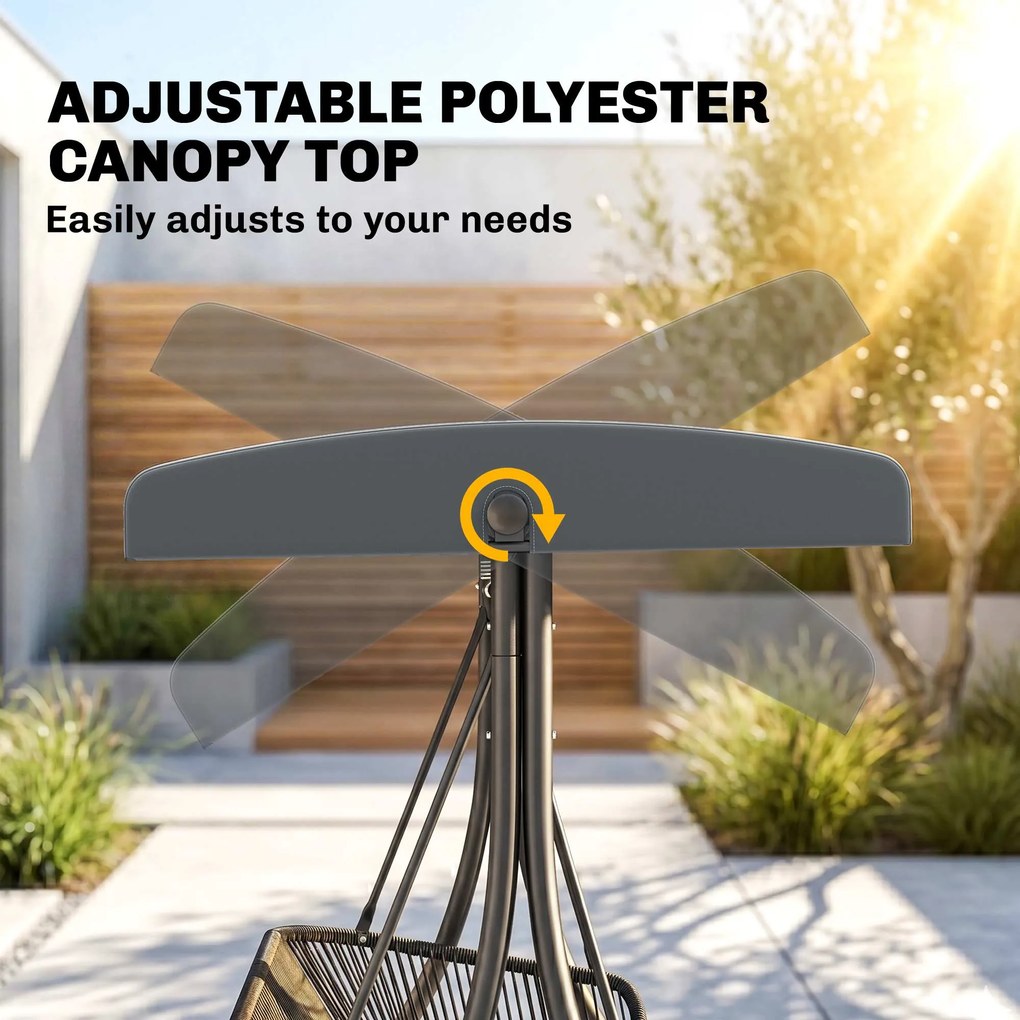 Outsunny Huśtawka Ogrodowa Rattan 2-osobowa z Regulowanym Daszkiem, Miękkimi Poduszkami, Ciemnoszara | Aosom PL