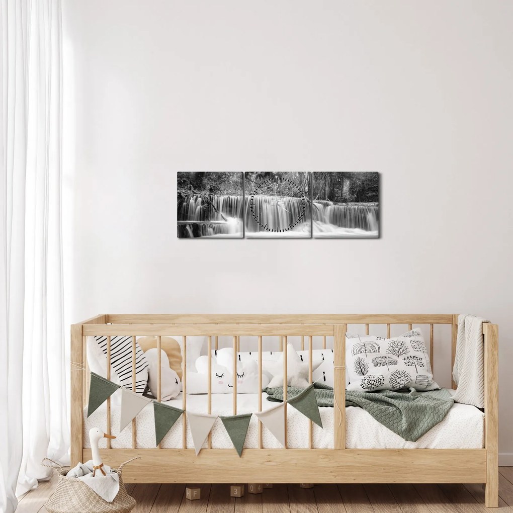 Obraz - Czarno-biały wodospad (z zegarem) (90x30 cm)