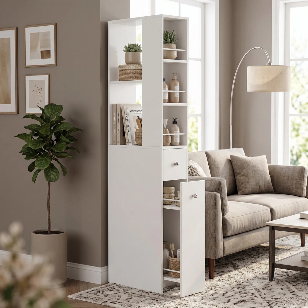 HOMCOM Wysoki, smukły słupek łazienkowy 135 cm z 2 szufladami, 2 bocznymi półkami, 3 przegrodami, 18x40x135 cm, Biały | Aosom PL