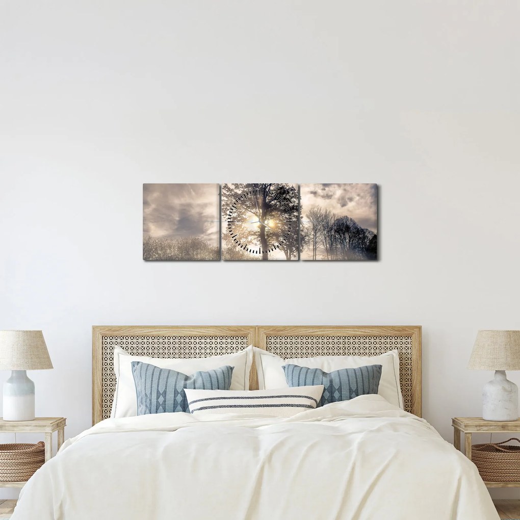 Obraz drzewa we mgle (z zegarem) (90x30 cm)