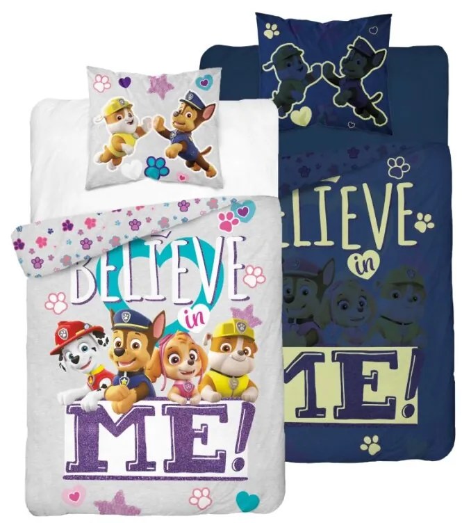 PrzytulneMieszkanie.pl PrzytulneMieszkanie.pl Świecąca pościel PAW PATROL Believe me szare Rozmiar pościeli: 70 x 80 cm | 140 x 200 cm
